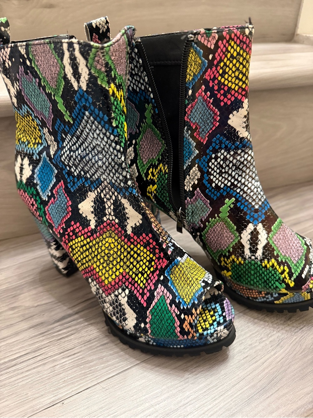 Multicolor Snakeskin Pattern High Heel Ankle Boots